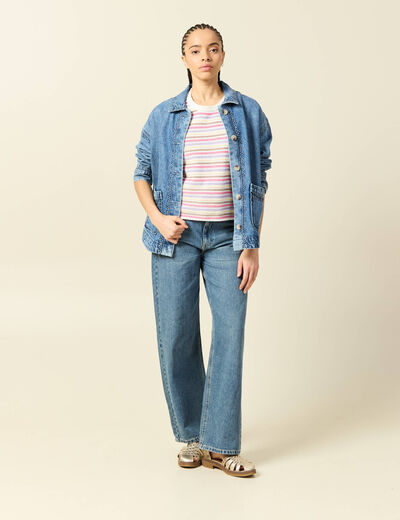 Pull droit court col rond manches coude violet clair femme