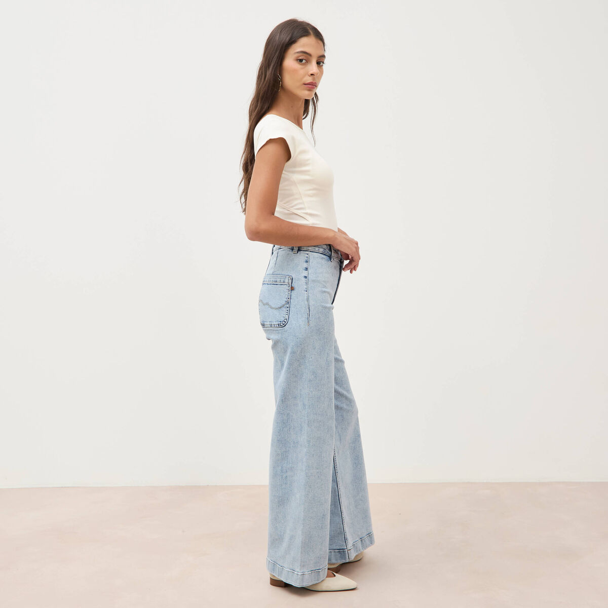 Jeans large taille haute denim bleach femme