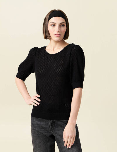 Pull manches courtes ajour&eacute; noir femme