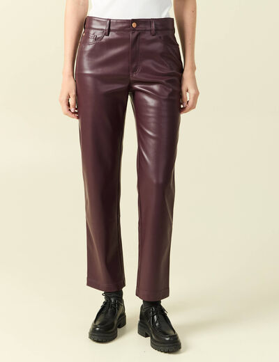 Pantalon taille haute similicuir prune femme
