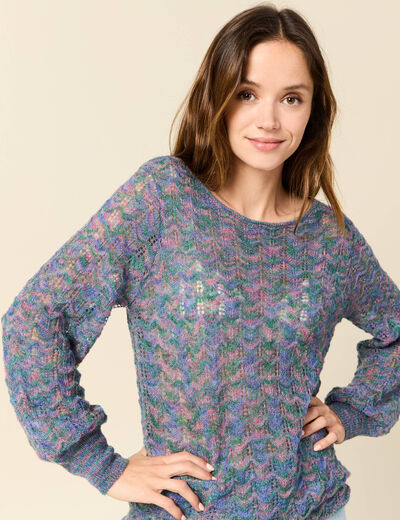 Pull manches longues ajouré bleu gris femme