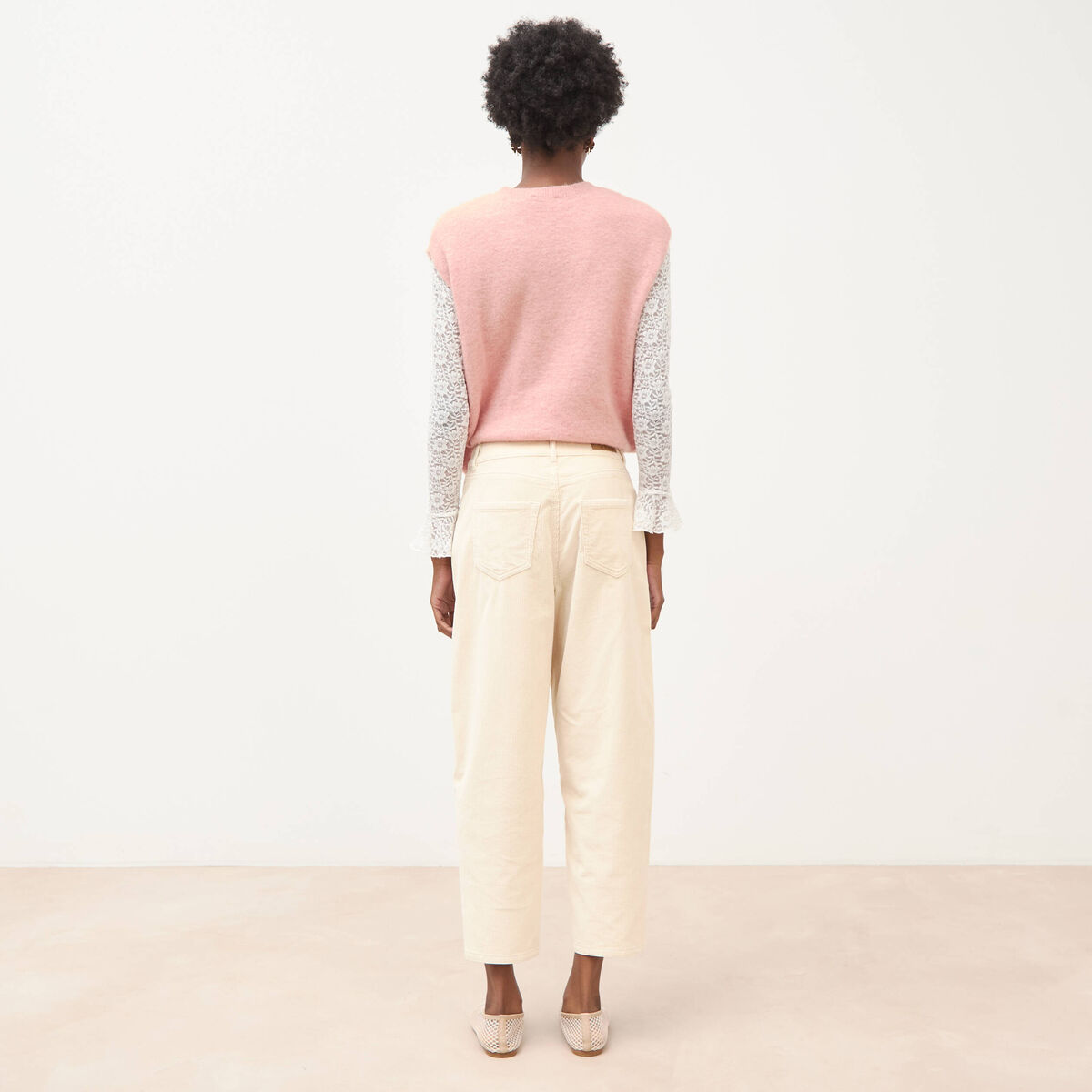 Pantalon taille haute velours resserr&eacute; ivoire femme