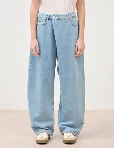 Jeans wide leg cropped taille bascul&eacute;e bleu ciel femme