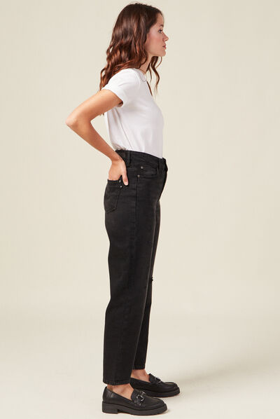 Jeans straight 7/8ème destroy denim noir femme