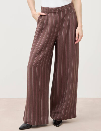 Pantalon large taille haute ray&eacute; marron chocolat femme
