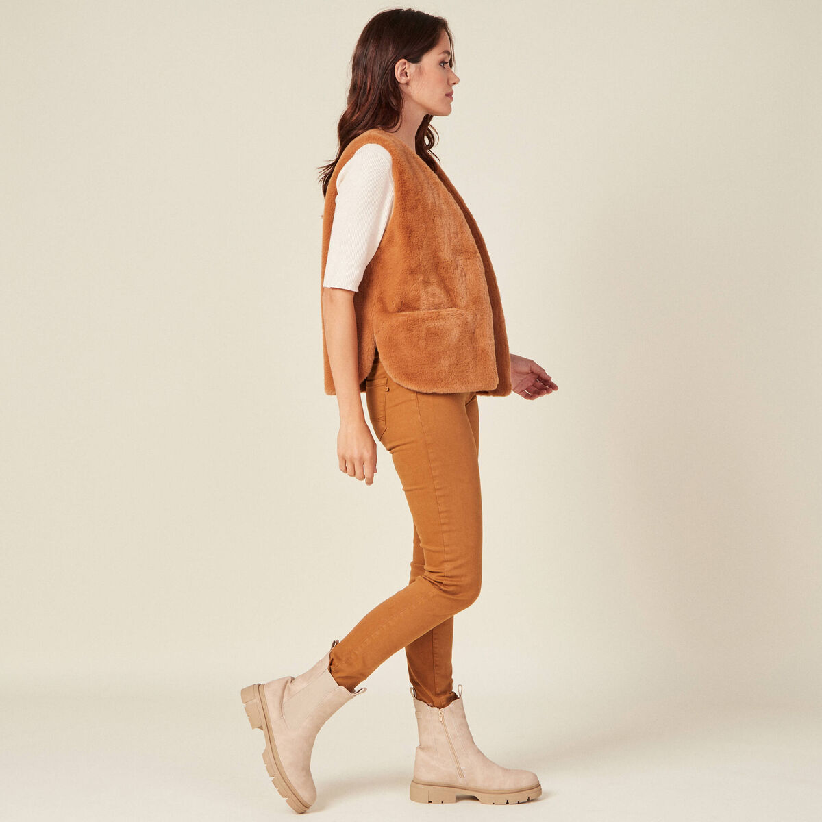 Veste droite fausse fourrure marron femme
