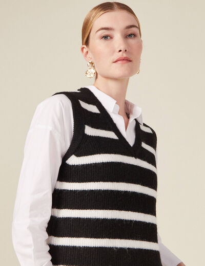 Pull droit court sans manches col v noir femme