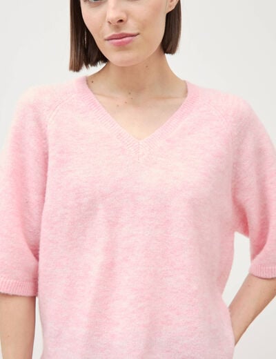 Pull droit col rond manches courtes rose clair femme