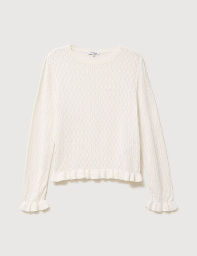 Pull ajour&eacute; col rond manches longues ecru femme