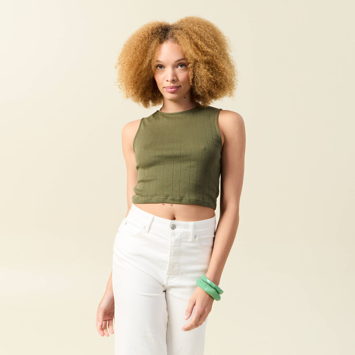 Débardeur cropped col rond en coton vert kaki femme