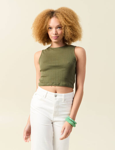 Débardeur cropped col rond en coton vert kaki femme