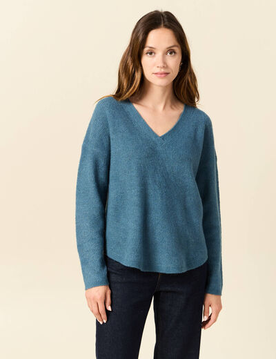 Pull manches longues col en V bleu gris femme