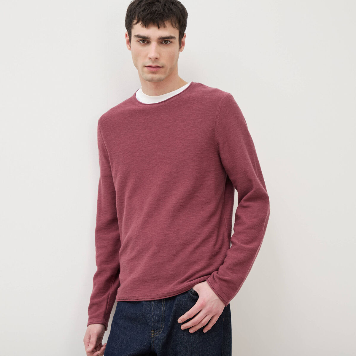 Pull fin en coton manches longues vieux rose homme