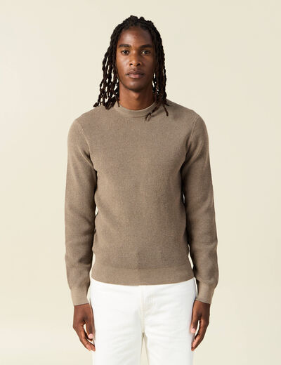 Pull manches longues col rond taupe homme