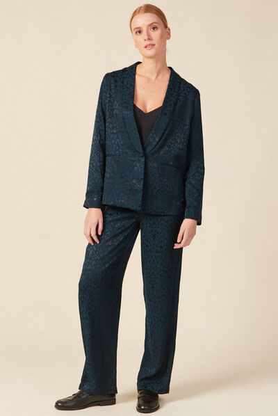 Pantalon large satin bleu canard femme