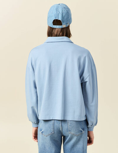Sweat manches longues col polo bleu clair femme
