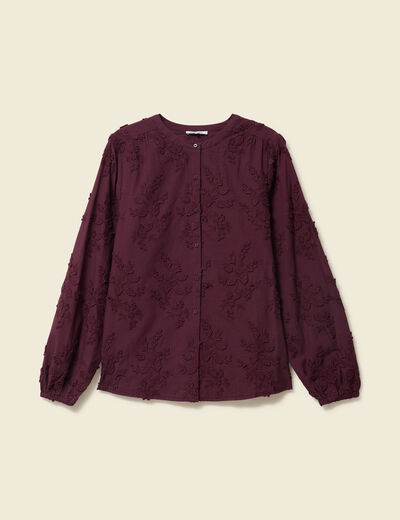 Chemise col rond manches longues brod&eacute;e prune femme