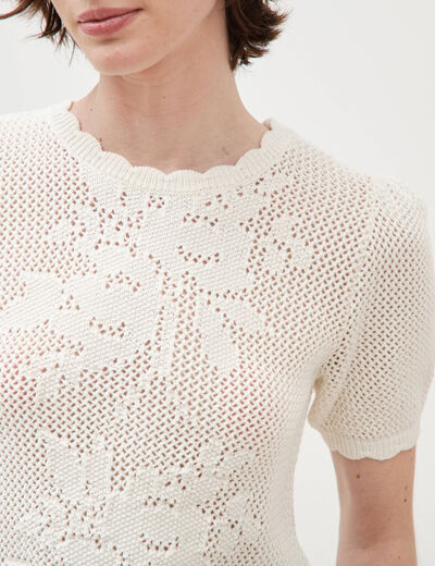 Pull ajour&eacute; droit court manches courtes creme femme