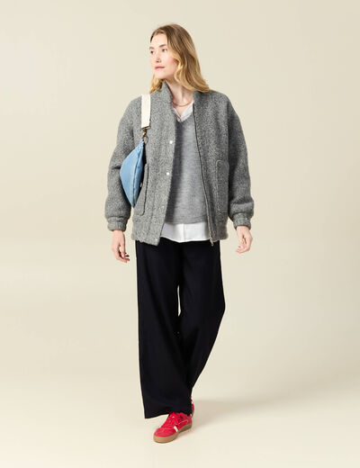 Pull manches longues col en V gris clair femme