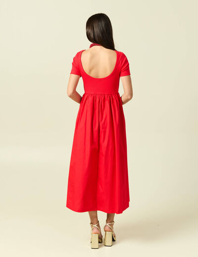 Robe longue bi-mati&egrave;re col rond rouge fonc&eacute; femme