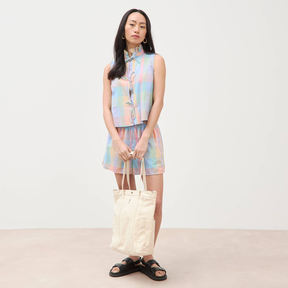 Top sans manches col montant en coton multicolore femme