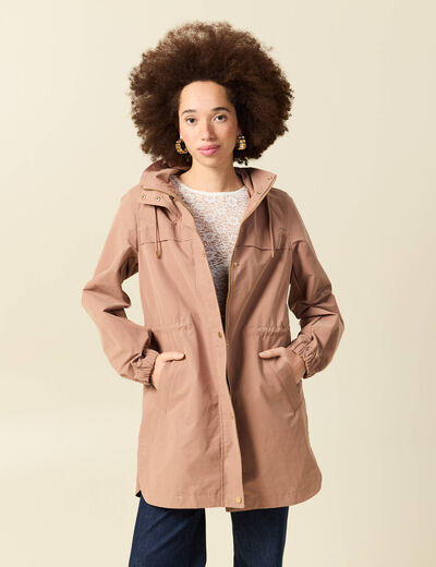 Parka longue droite d&eacute;perlante &agrave; capuche marron clair femme