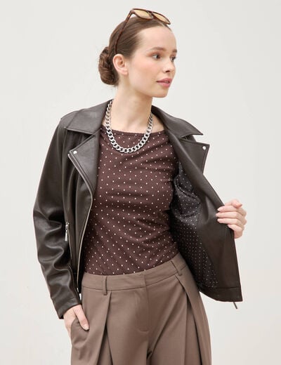 Perfecto manches longues similicuir marron fonc&eacute; femme