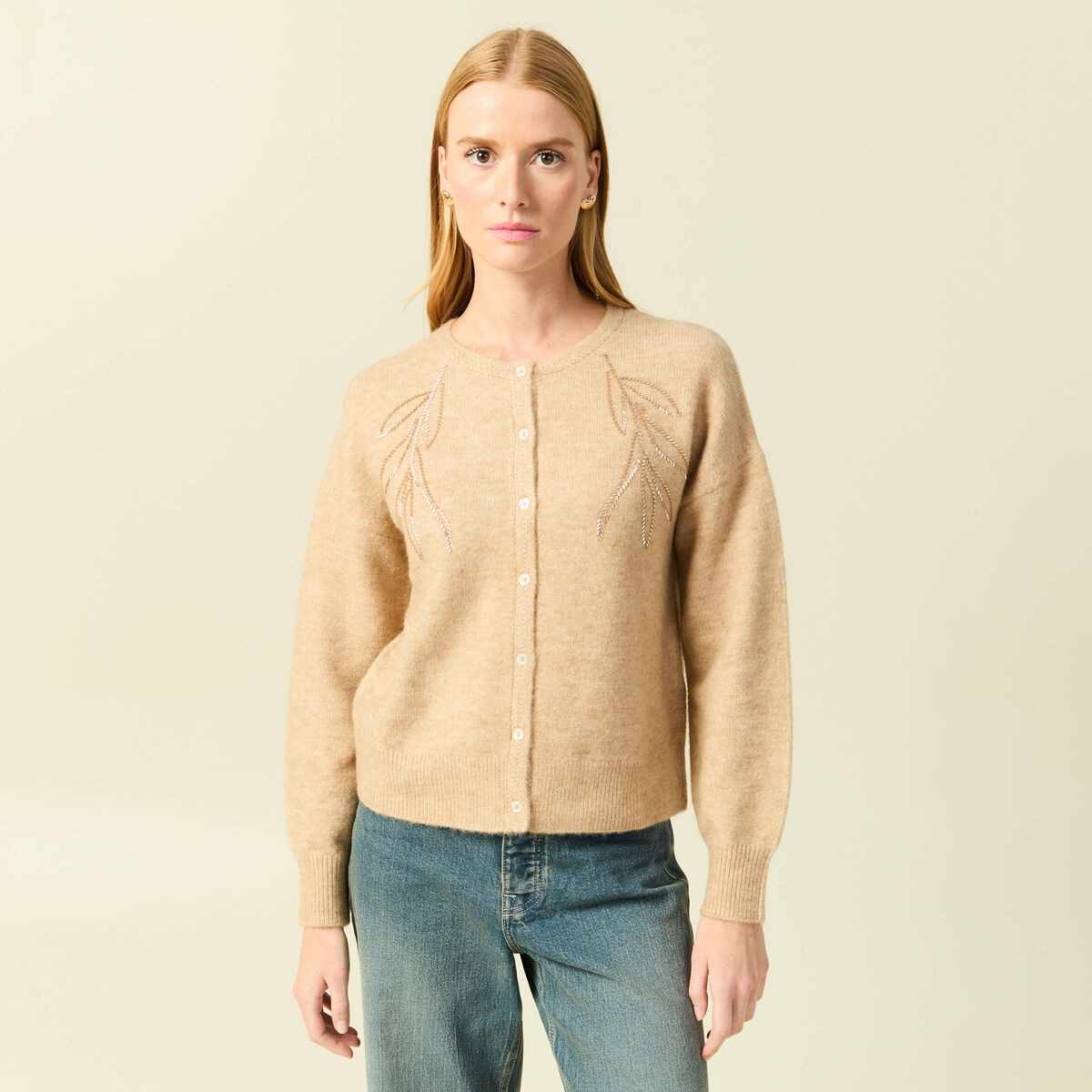 Gilet manches longues col rond creme femme
