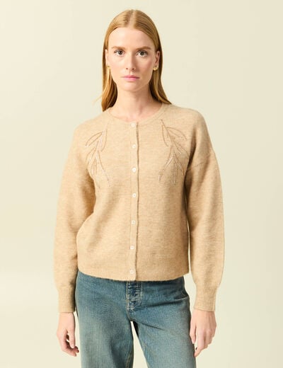 Gilet manches longues col rond creme femme