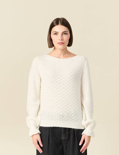 Pull ajour&eacute; col bateau manches longues ecru femme