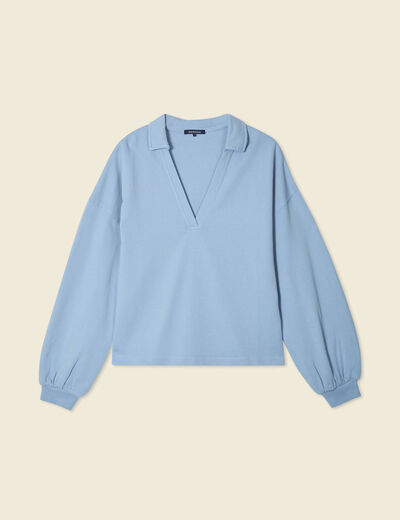 Sweat manches longues col polo bleu clair femme