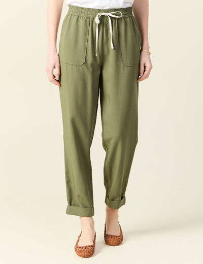 Pantalon droit à coulisse vert kaki femme