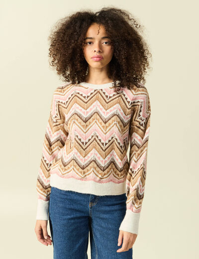 Pull col rond manches longues rose femme