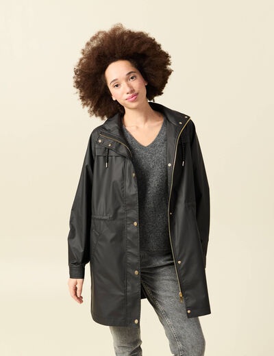 Parka longue droite d&eacute;perlante &agrave; capuche noir femme