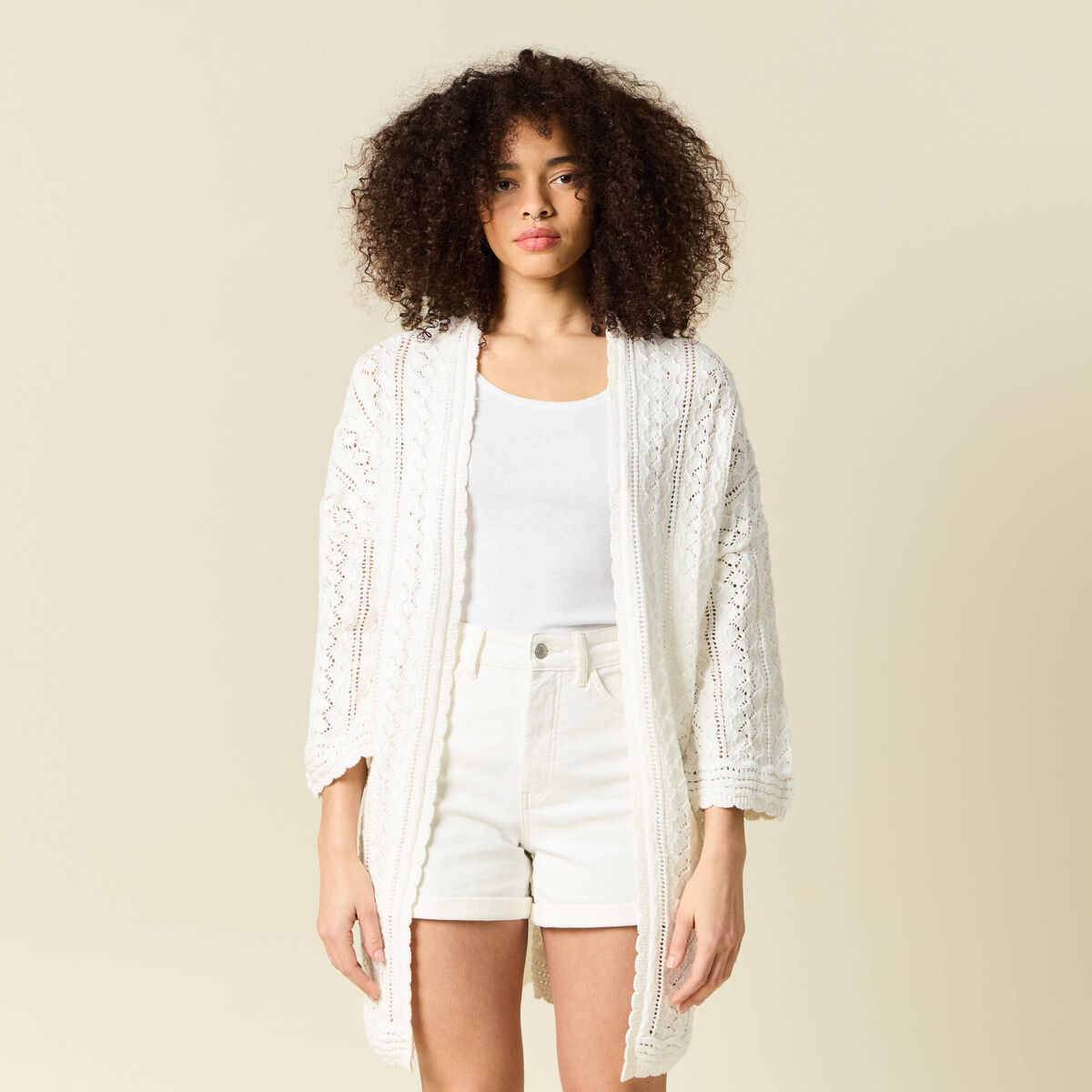 Gilet long ajouré ecru femme