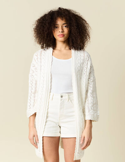 Gilet long ajouré ecru femme