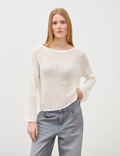 Pull ajour&eacute; col bateau manches longues ecru femme