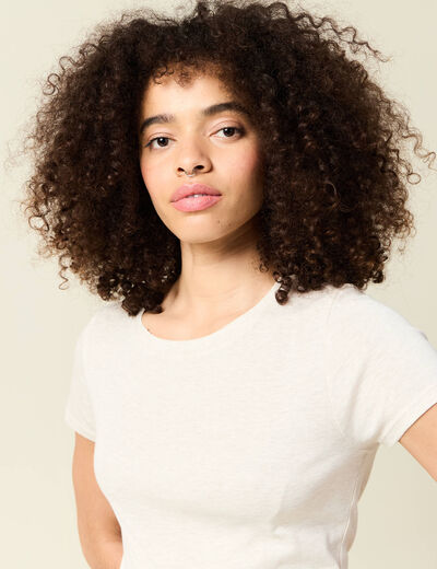 Short cintré manches courtes col rond beige femme