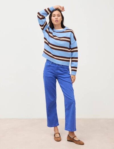 Pull droit manches longues col rond bleu femme
