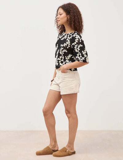T-shirt brod&eacute; col rond manches 3/4 noir femme