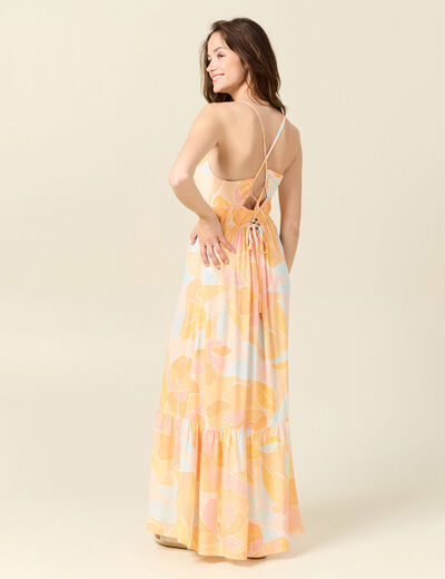 Robe longue évasée à bretelles orange clair femme