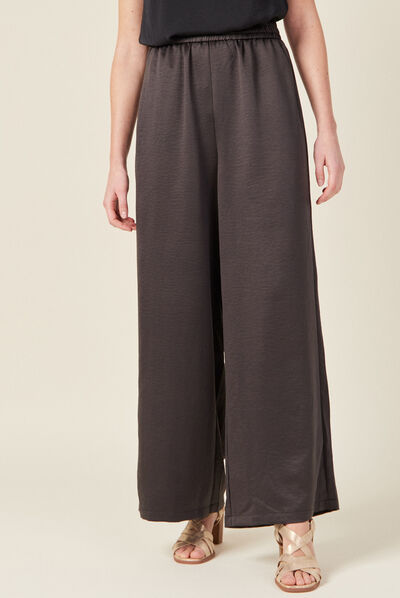 Pantalon large fluide satin gris foncé femme
