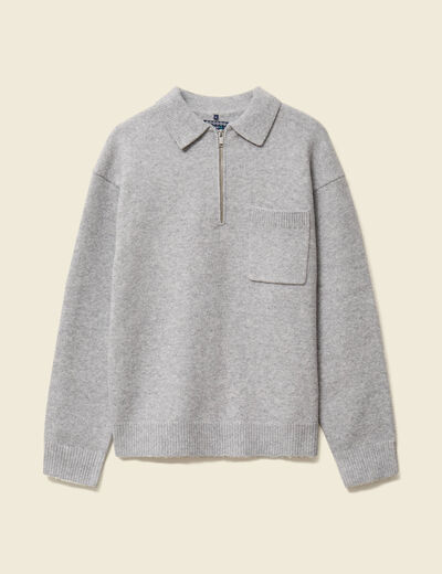 Pull manches longues col polo zipp&eacute; gris homme
