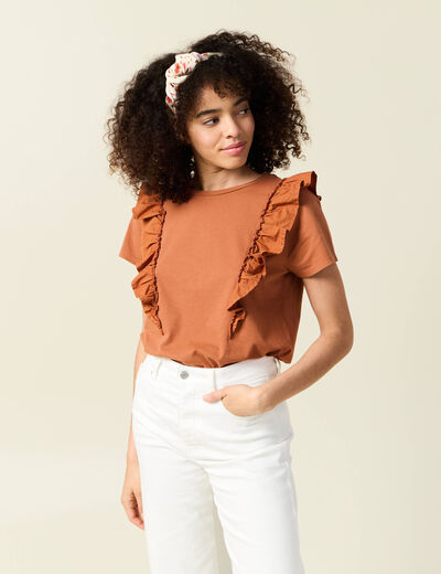 T-shirt en coton manches courtes marron cognac femme