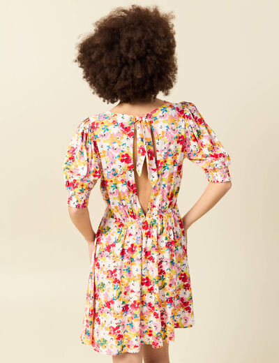 Robe fluide col v manches courtes rose framboise femme