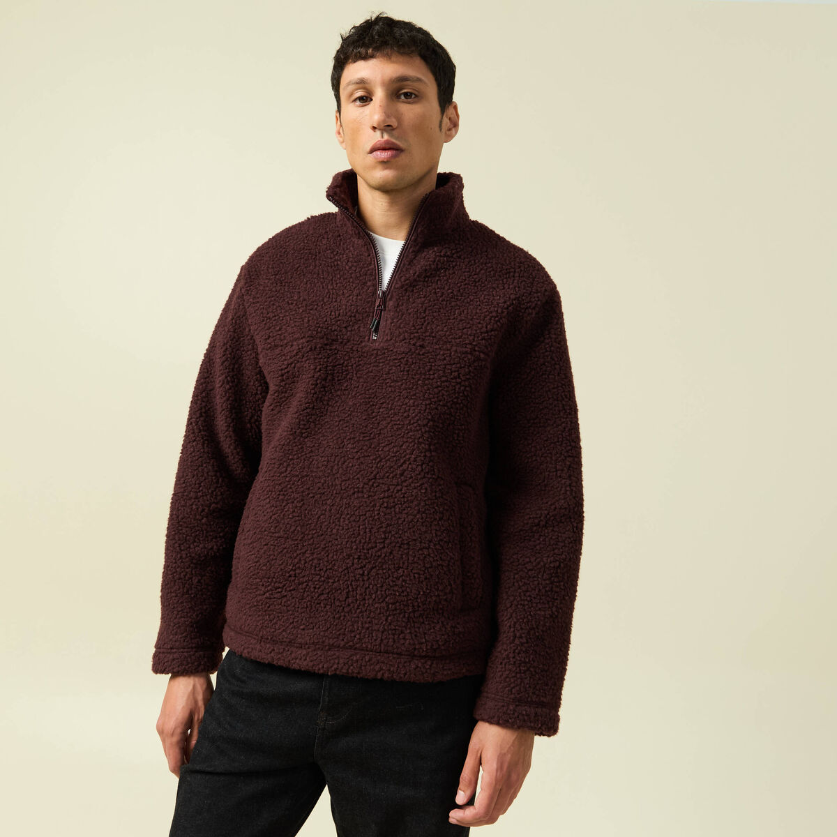 Sweat effet polaire col montant bordeaux homme