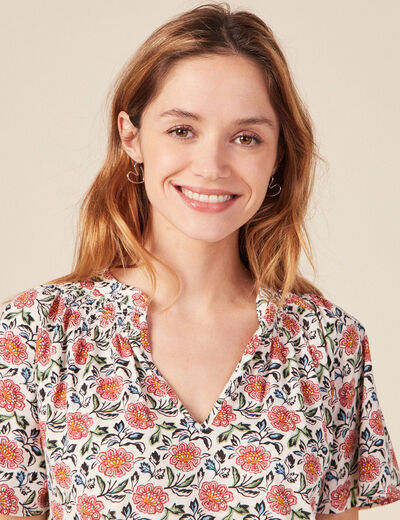 T-shirt col v manches courtes ecru femme