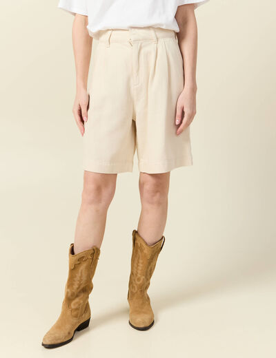 Bermuda droit pinces en jean ecru femme