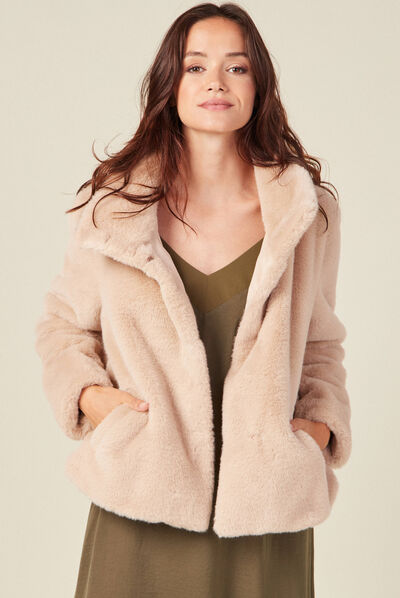 Manteau droit fausse fourrure beige femme