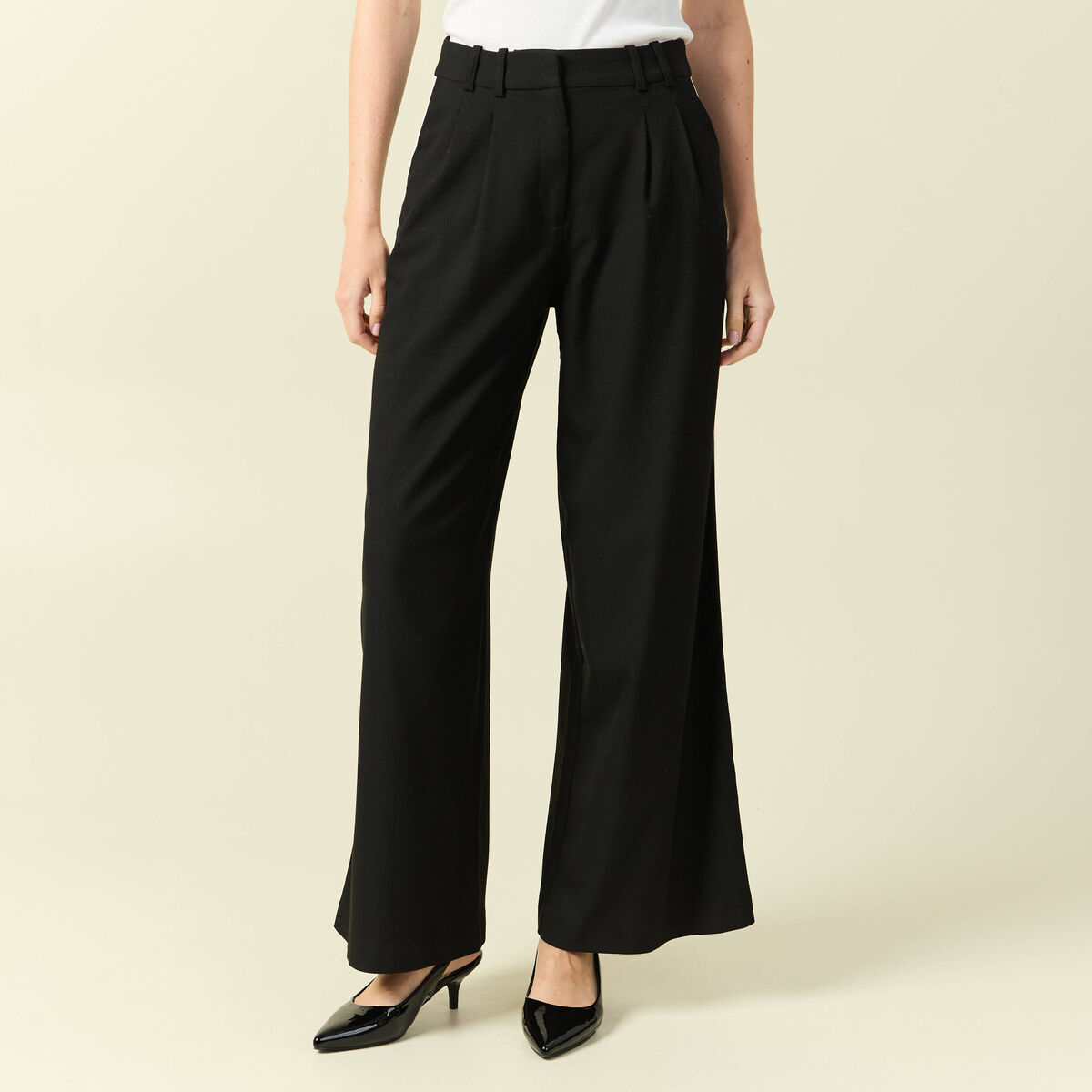 Pantalon large taille haute noir femme